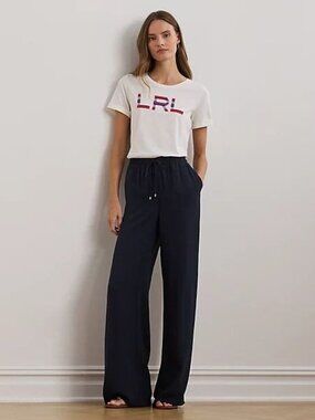 $175 Lauren Ralp Lauren Side-Stripe Georgette Wide-Leg Pant Navy Size XS
